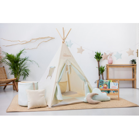 Tipi Błękitny Kącik – Duży Zestaw z Patchworkową Kołderką i Haftem Sky's Limitless | Sówka