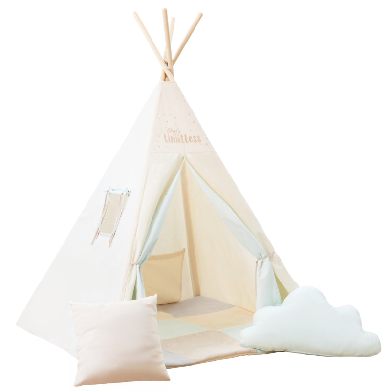 Tipi Błękitny Kącik – Duży Zestaw z Patchworkową Kołderką i Haftem Sky's Limitless | Sówka