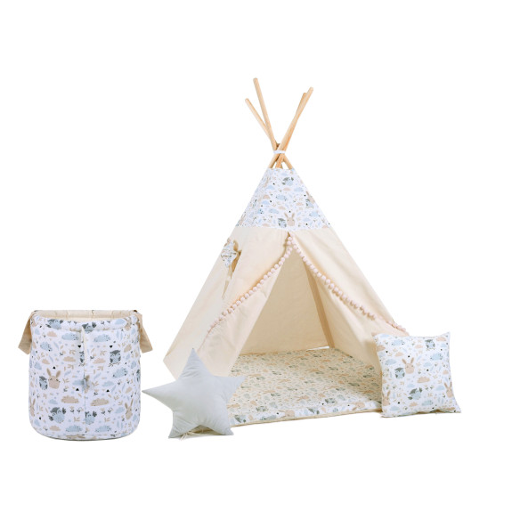 Namiot Tipi "Pastelowi Przyjaciele" - Zestaw Komfortowy z koszem | Pastelowe Leśne Zwierzątka